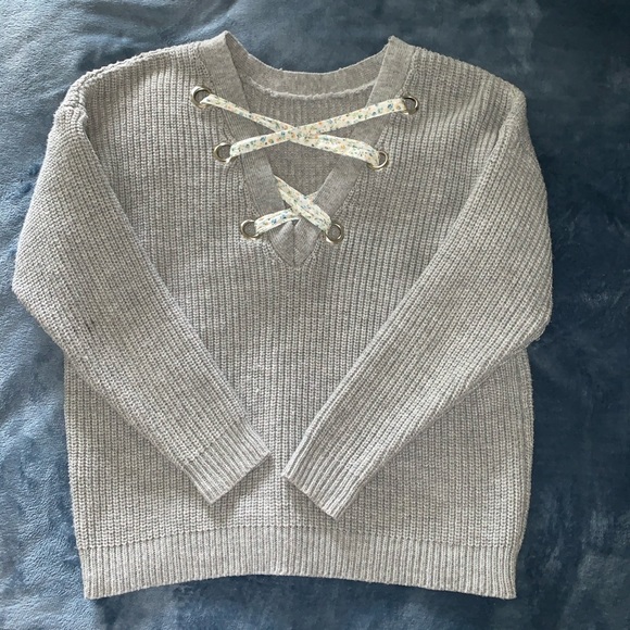 Grey Lace Up Sweater - Picture 4 of 5